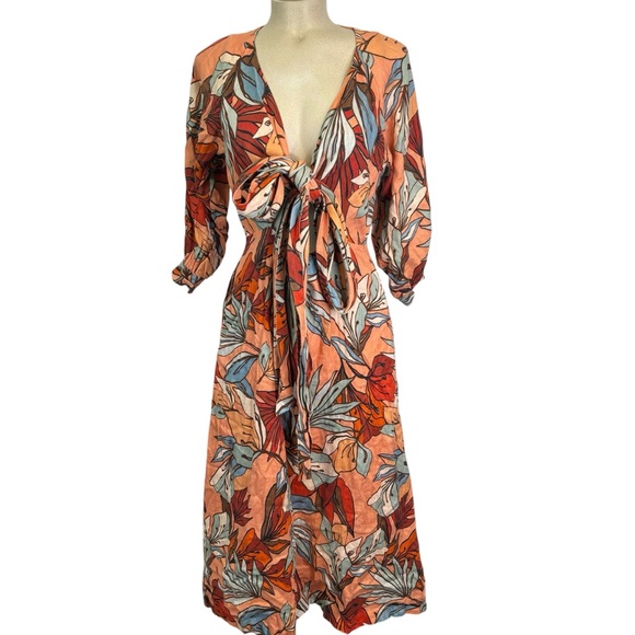 $500 NICHOLAS Women Asilah Orange Printed Linen Hourglass Dress Tie-Front Size 8 - Picture 4 of 15